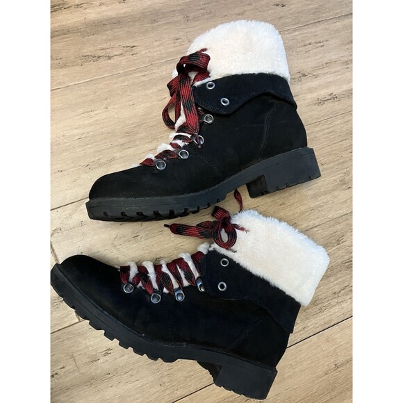 Jelly Pop Black Women Ankle Boots red/black Laces , Soft Faux Fur Cuff Size 8.5 - Picture 4 of 8